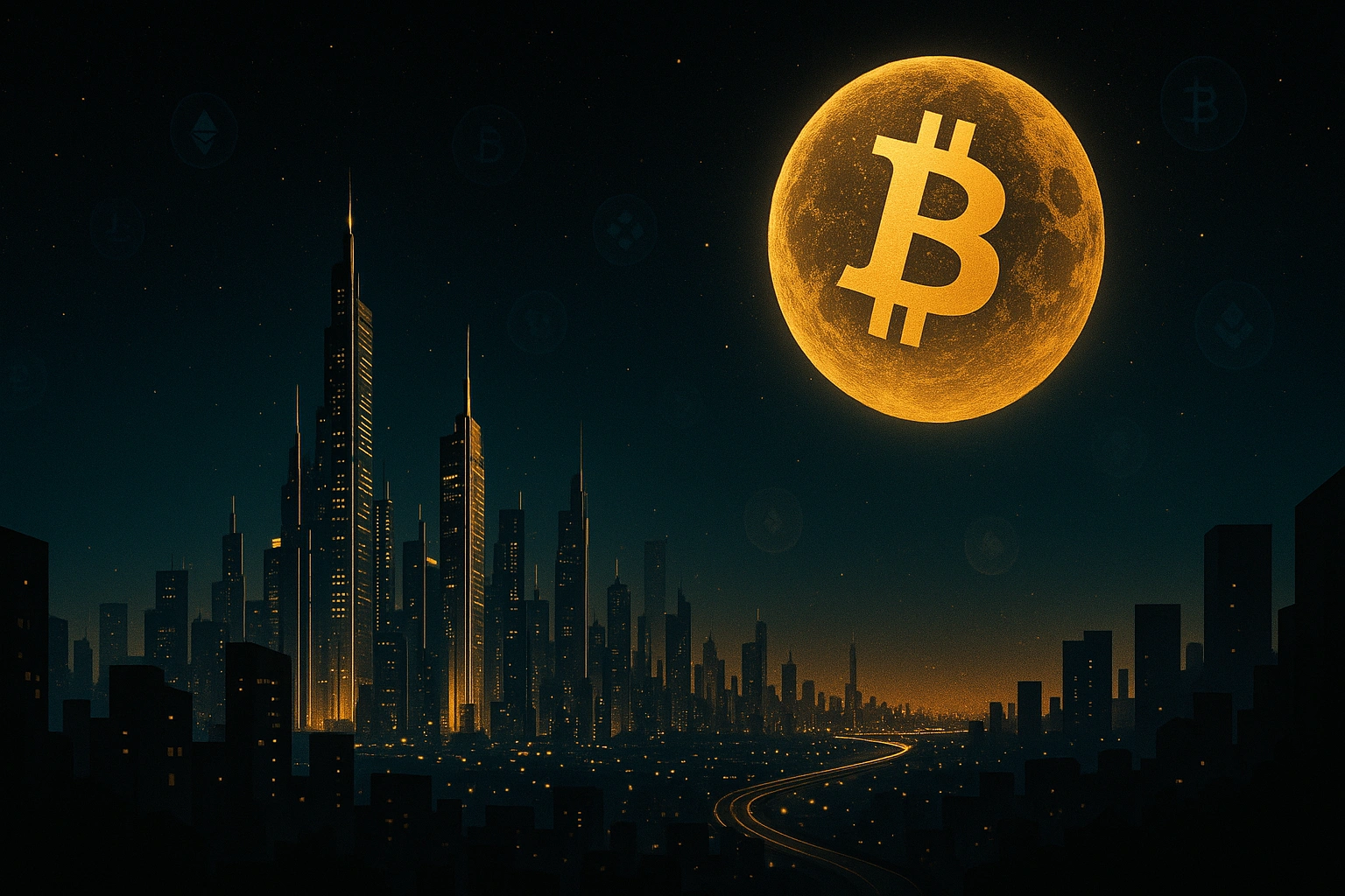 黒×金の抽象的な都市とビットコインのヒーロービジュアル